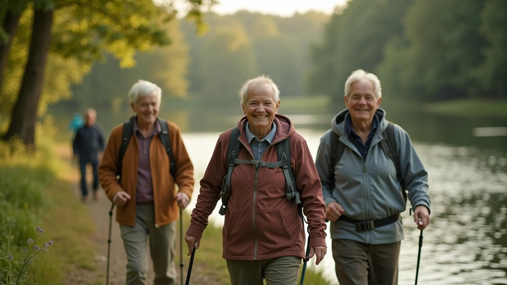 Skupina seniorů společně procházející přírodou kolem přehrady