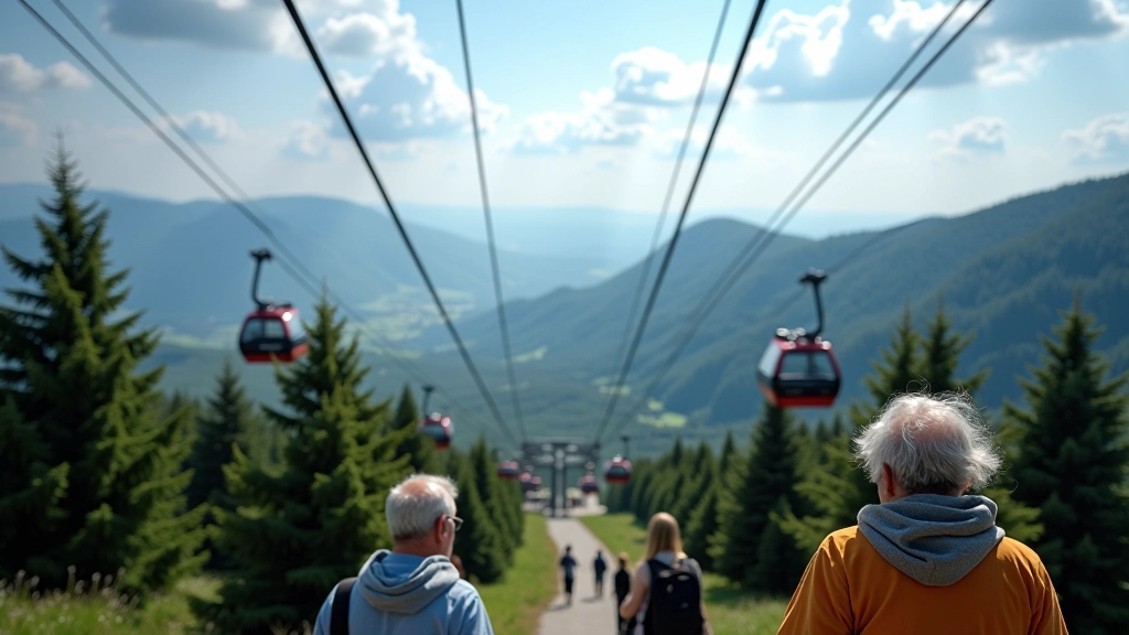 Lanovka na horské stanici v pozadí, výhled na údolí