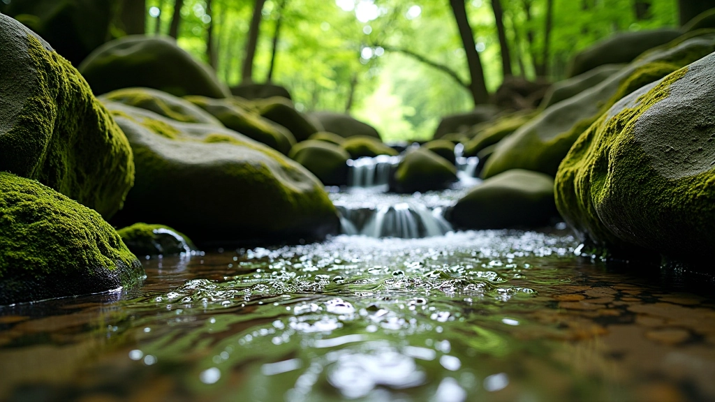 Starobylá studánka s čistou vodou obklopená mechem a lesní vegetací, lidé pijí z plastového kelímku