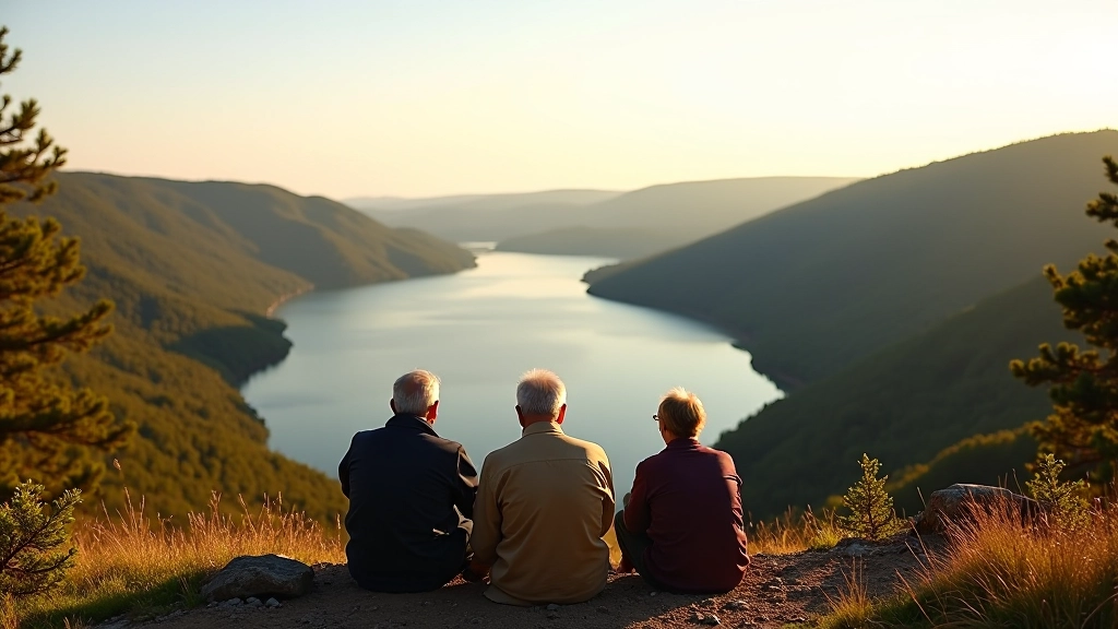 Panoramatický výhled z vyhlídky na Brněnskou přehradu, dlouhé jezero obklopené lesy, skupinka lidí v pozdním věku si užívá pohledu